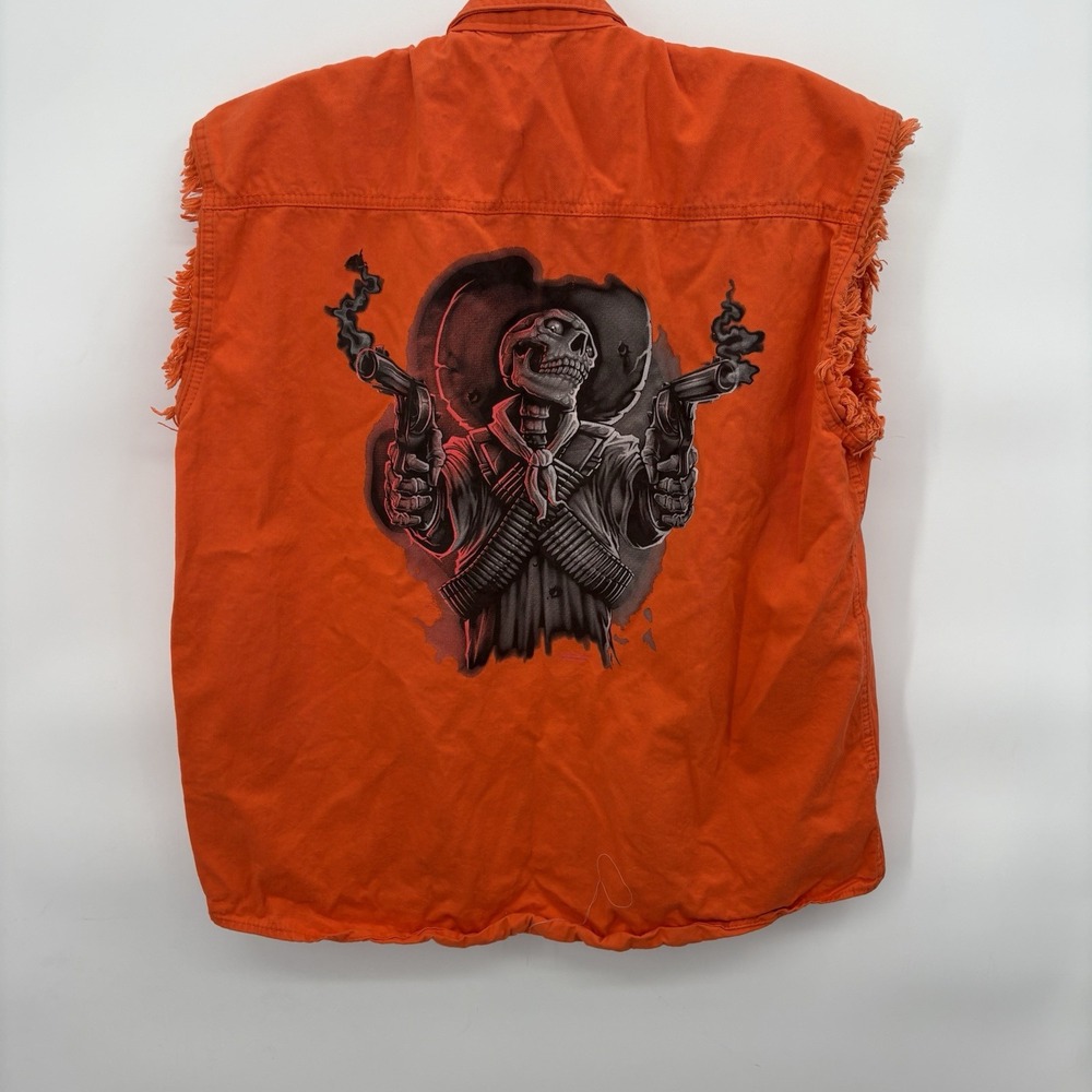 Gunslinger Skeleton Motorcycle Shirt Mens Large Orange Denim Sleeveless Cotton